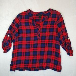 Ali Miles Shirt Women's PXL Plaid Henley Popover 3/4 Sleeve Red Blue Rayon